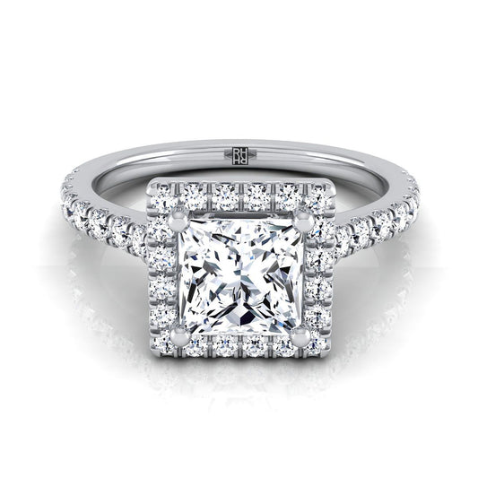 Platinum Princess Cut Diamond Shared Prong Halo with French Pave Engagement Ring -3/8ctw