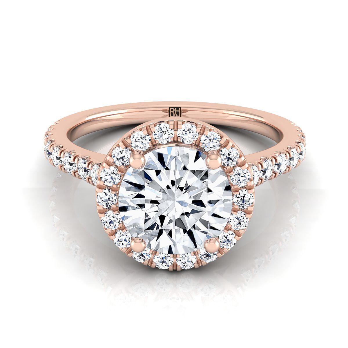 14K Rose Gold Round Brilliant Diamond แบ่งปันรัศมีง่ามกับแหวนหมั้น French Pave -3/8ctw