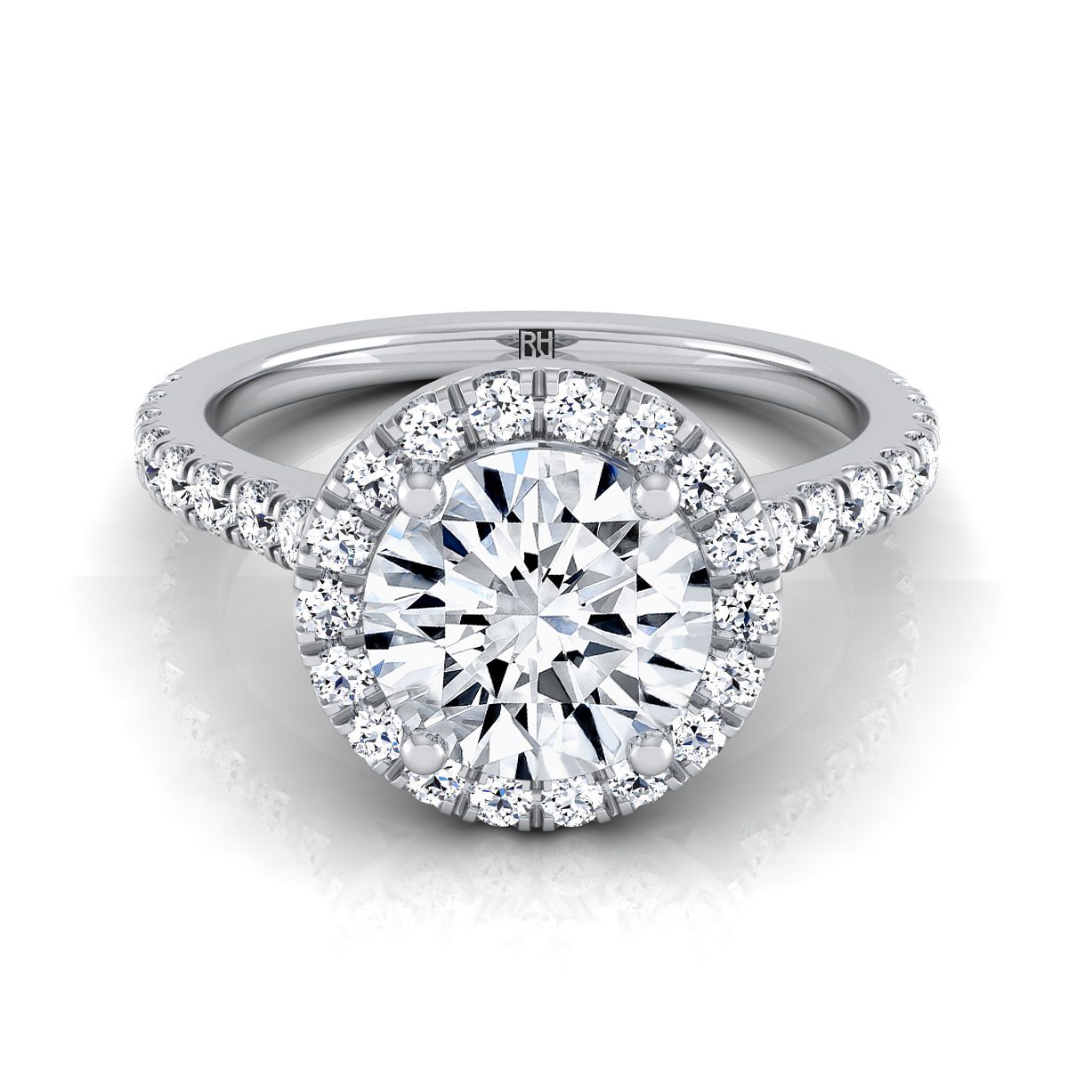 14K White Gold Round Brilliant Diamond Shared Prong Halo with French Pave Engagement Ring -3/8ctw