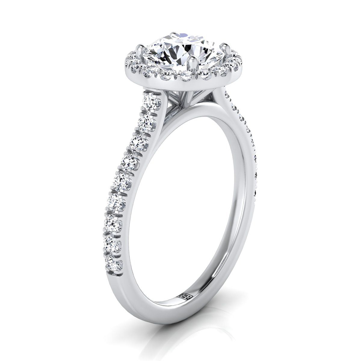 14K White Gold Round Brilliant Diamond Shared Prong Halo with French Pave Engagement Ring -3/8ctw