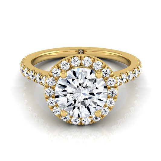 14K Yellow Gold Round Brilliant Diamond Shared Prong Halo with French Pave Engagement Ring -3/8ctw