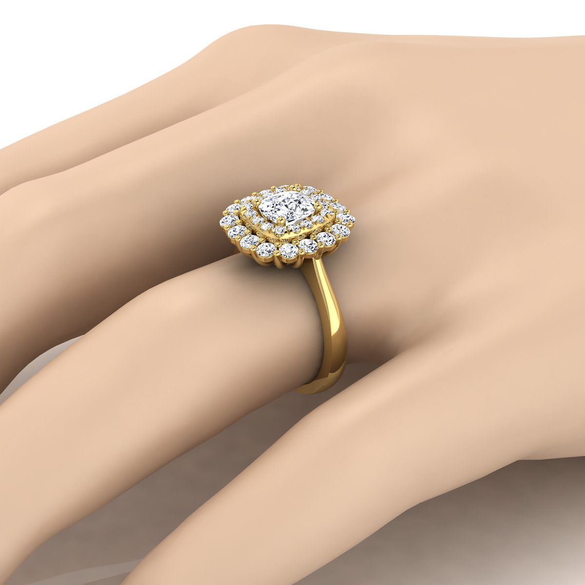 14K Yellow Gold Cushion Diamond Double Halo Floral Sunburst Engagement Ring -1ctw