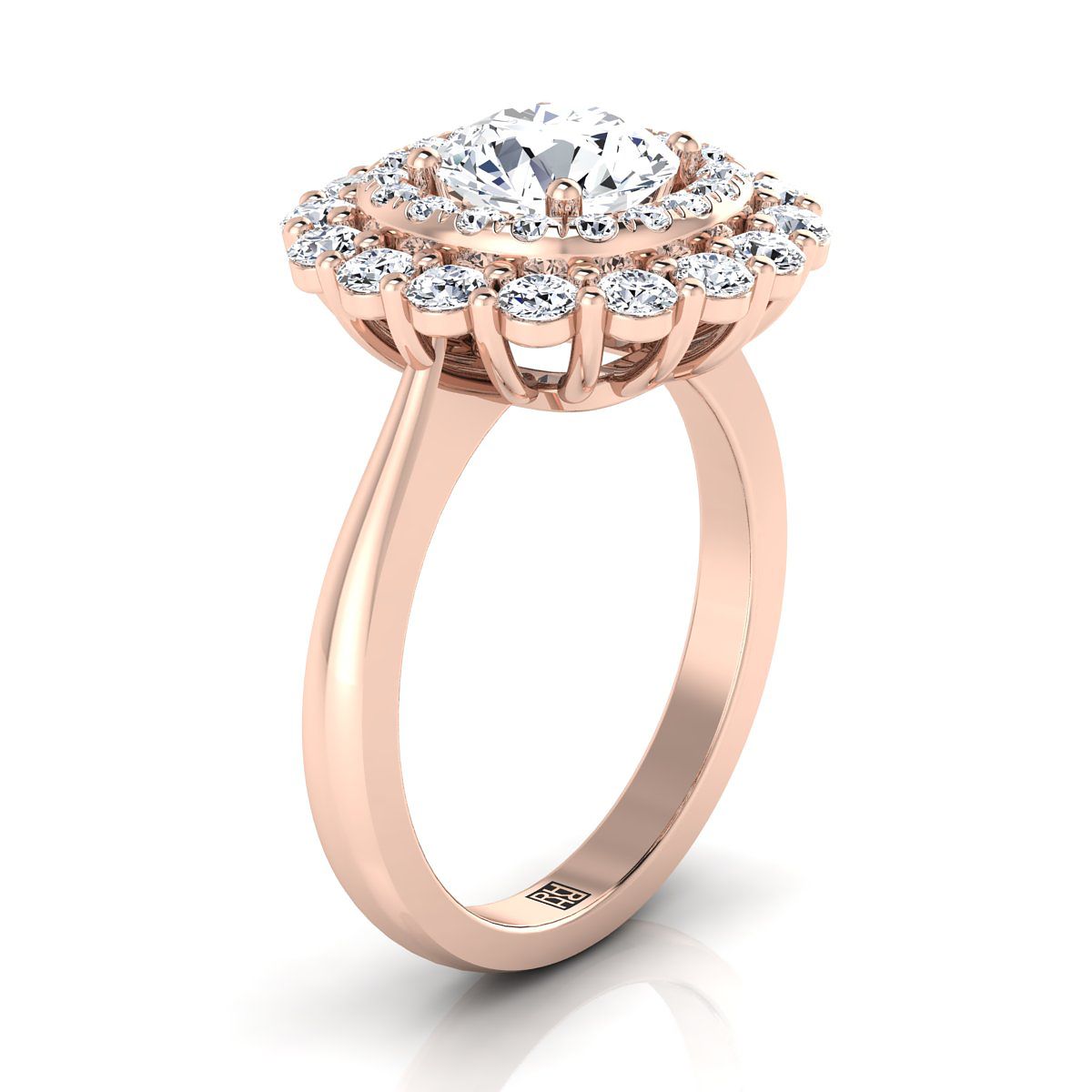 14K Rose Gold Round Brilliant Diamond Double Halo Floral Sunburst Engagement Ring -1ctw