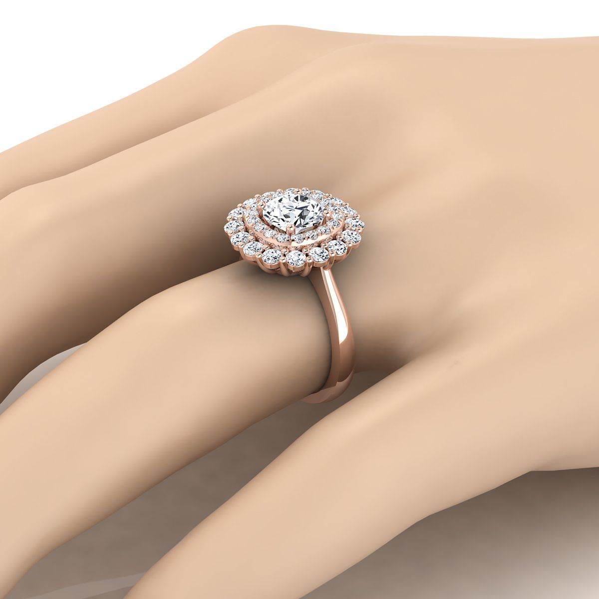 14K Rose Gold Round Brilliant Diamond Double Halo Floral Sunburst Engagement Ring -1ctw