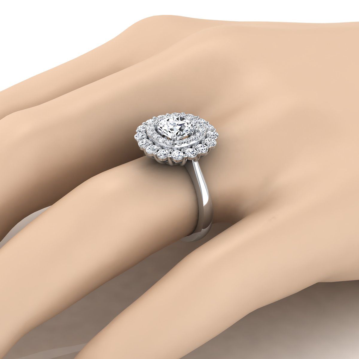แหวนหมั้นทองคำขาว 14K ทรงกลมประดับเพชร Double Halo Floral Sunburst -1ctw