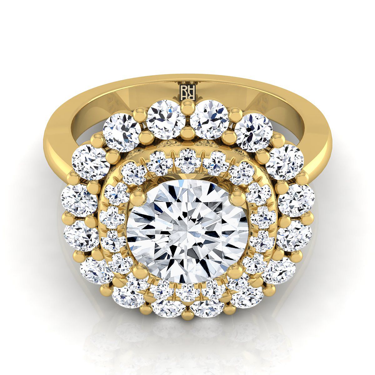 14K Yellow Gold Round Brilliant Diamond Double Halo Floral Sunburst Engagement Ring -1ctw