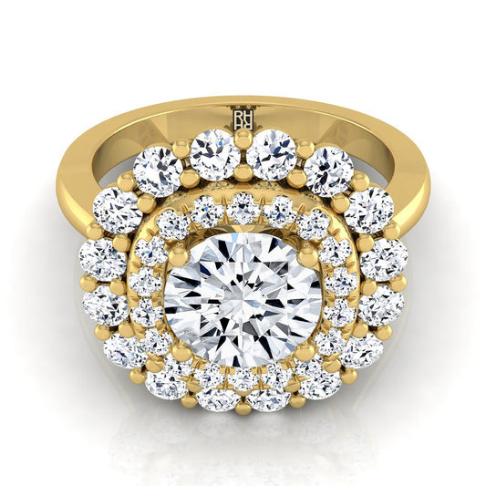 14K สีเหลืองทอง Round Brilliant Diamond Double Halo Floral Sunburst แหวนหมั้น -1ctw