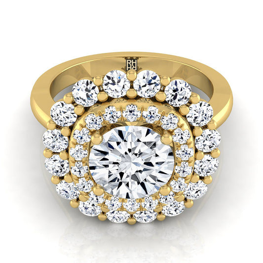 14K Yellow Gold Round Brilliant Diamond Double Halo Floral Sunburst Engagement Ring -1ctw