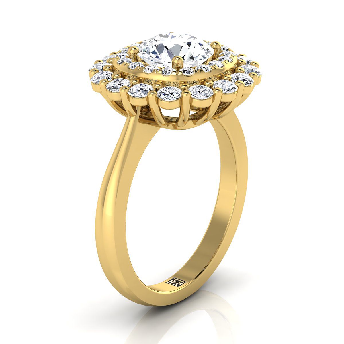 14K Yellow Gold Round Brilliant Diamond Double Halo Floral Sunburst Engagement Ring -1ctw