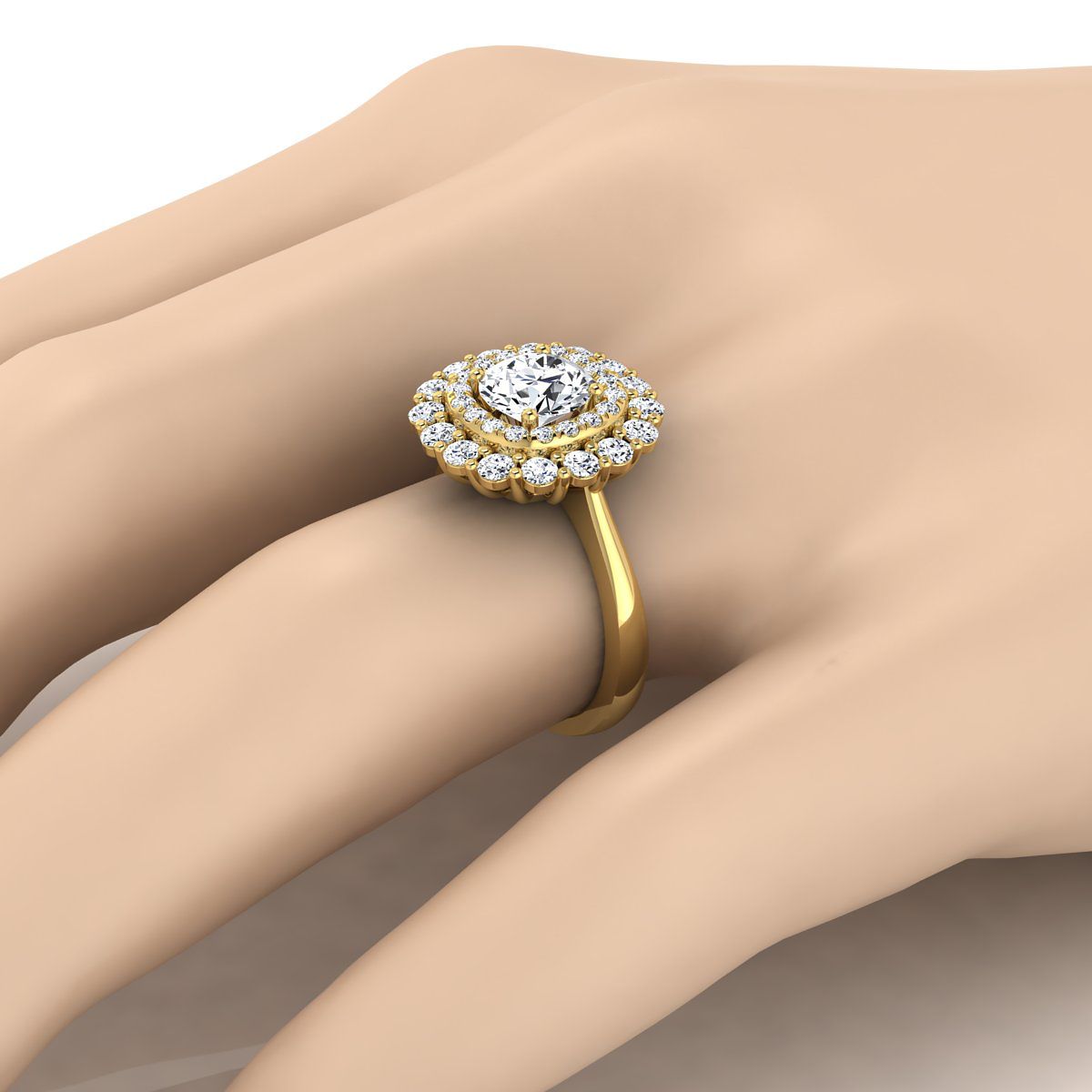 14K Yellow Gold Round Brilliant Diamond Double Halo Floral Sunburst Engagement Ring -1ctw