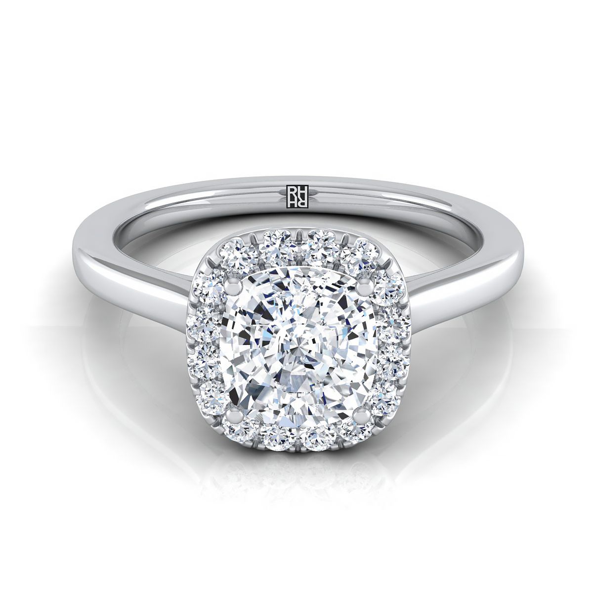 18K White Gold Cushion Diamond Modern Halo French Pave Engagement Ring -1/6ctw