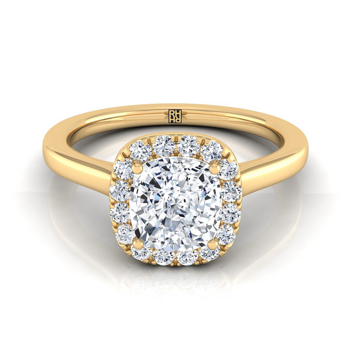 แหวนหมั้นเพชร 14K Yellow Gold Cushion Modern Halo French Pave -1/6ctw