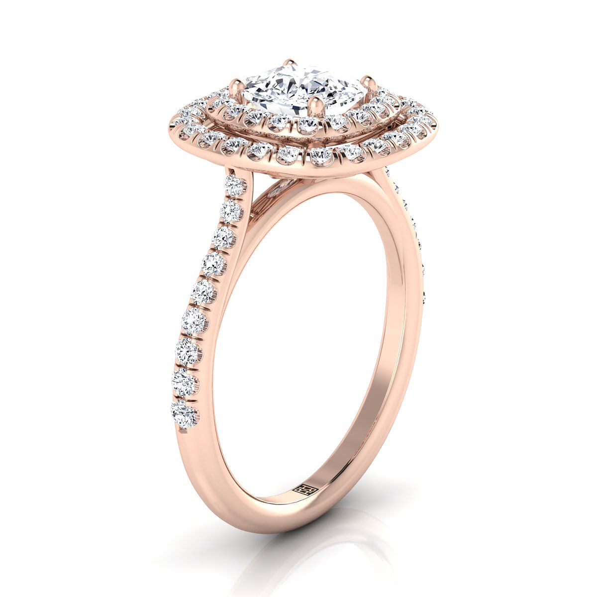 แหวนหมั้นเพชร 14K Rose Gold Cushion Double Halo Scalloped Pavé -1/2ctw