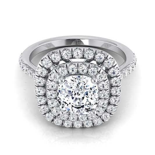 Platinum Cushion Diamond Double Halo Scalloped Pavé Engagement Ring -1/2ctw