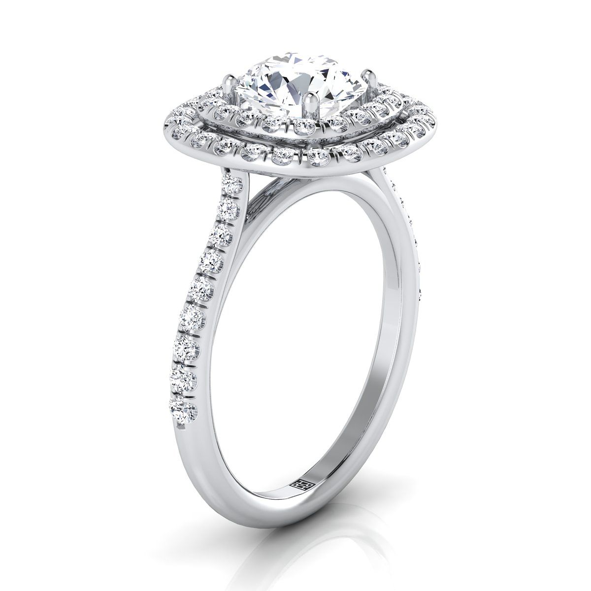 Platinum Round Brilliant Diamond Double Halo Scalloped Pavé Engagement Ring -1/2ctw