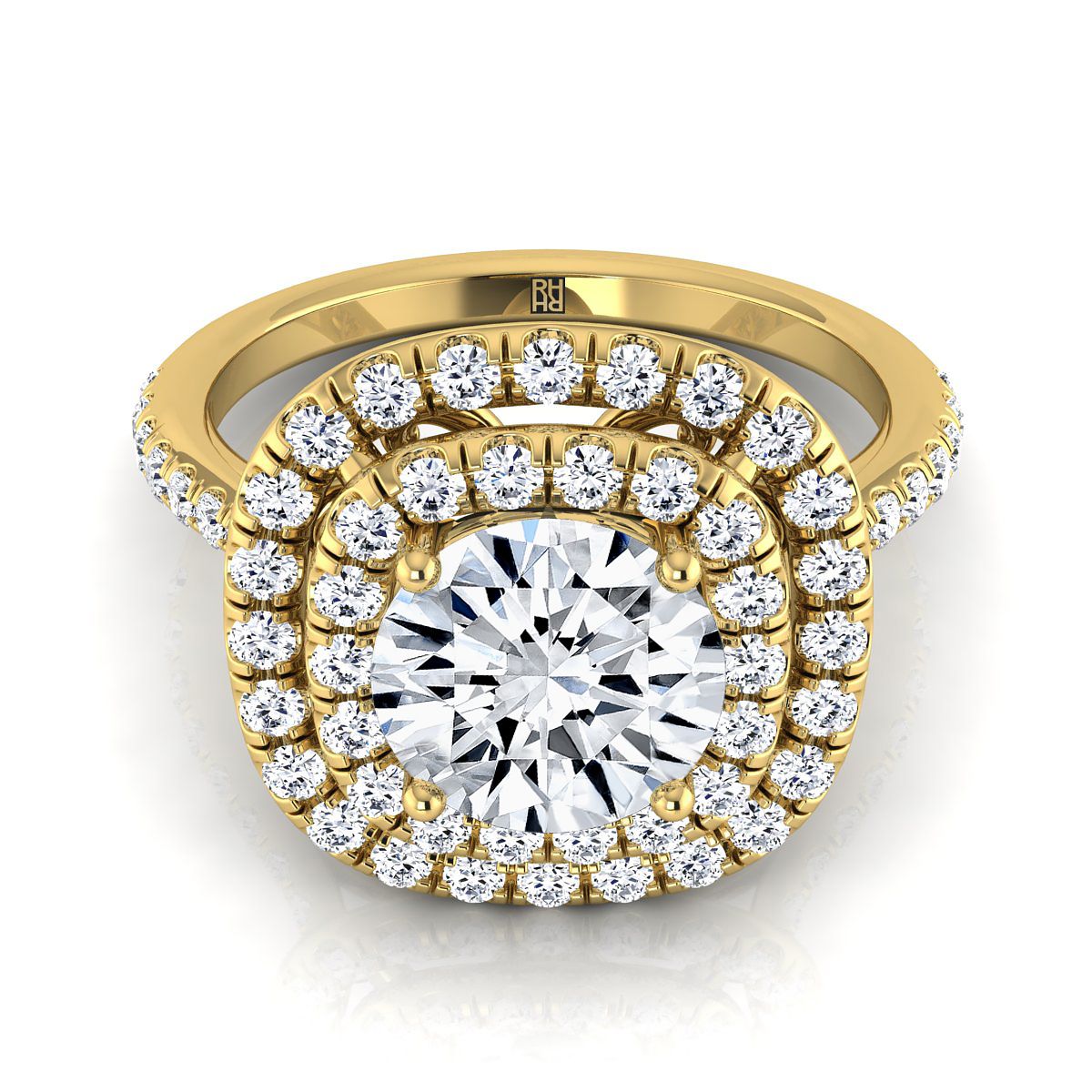 18K สีเหลืองทอง Round Brilliant Diamond Double Halo Scalloped Pavé แหวนหมั้น -1/2ctw