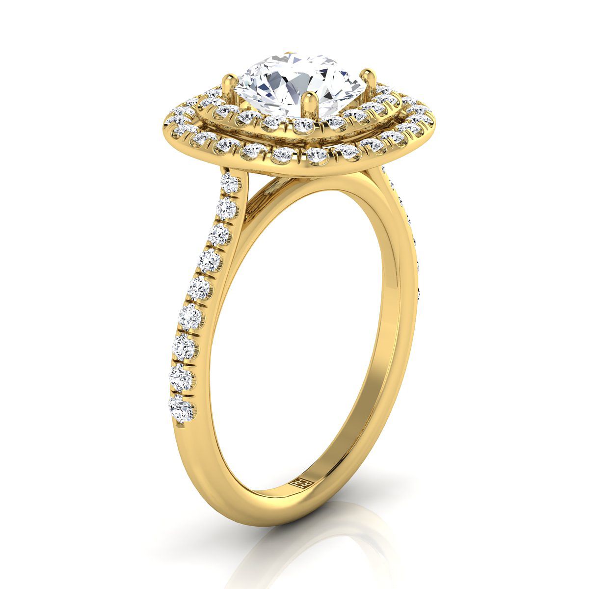 14K Yellow Gold Round Brilliant Diamond Double Halo Scalloped Pavé Engagement Ring -1/2ctw