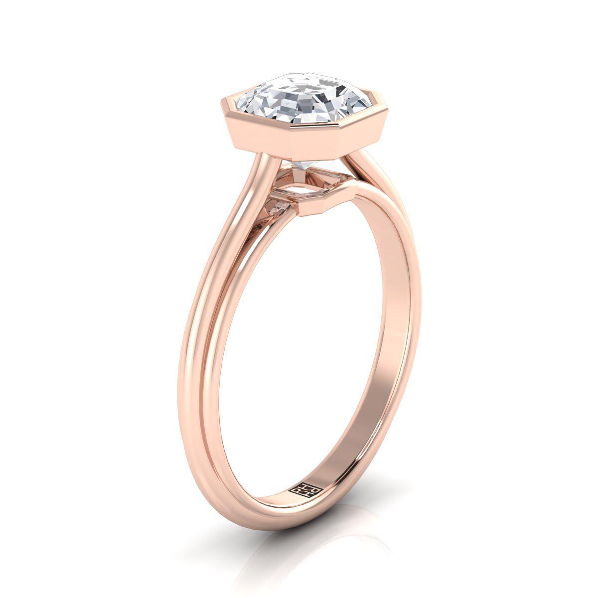 แหวนหมั้นแหวนหมั้น Solitaire ทรงวงแหวน Asscher Cut Bezel Halo 14K โรสโกลด์