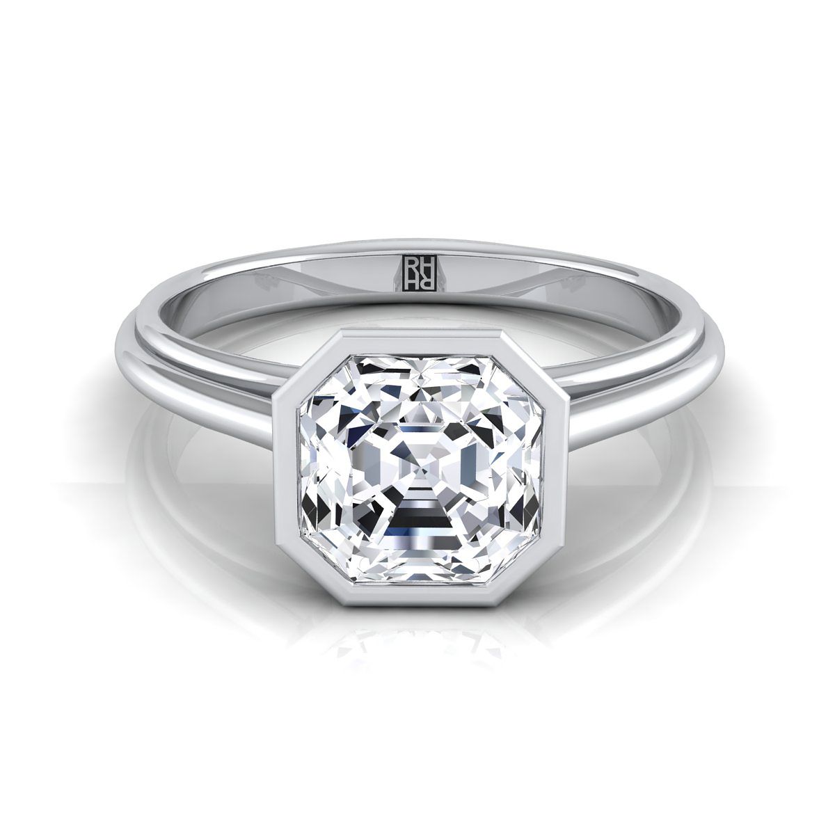 แหวนหมั้นแพลตตินัม Asscher Cut Bezel Halo Cathedral Solitaire