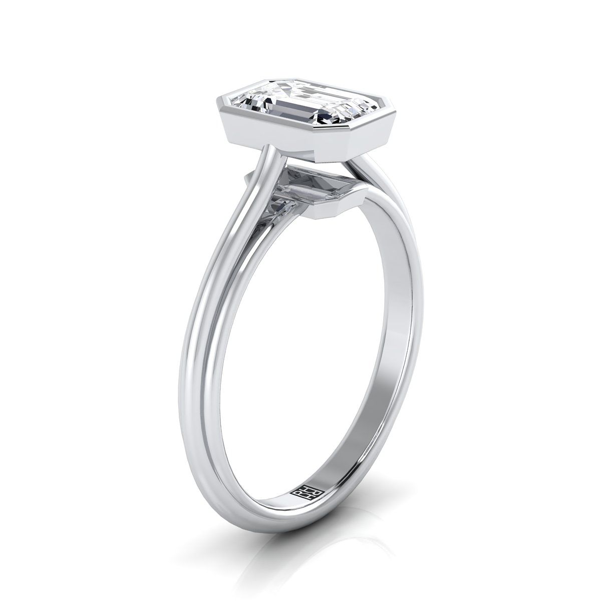 แหวนหมั้นเพชร 14K White Gold Emerald Cut Bezel Halo Cathedral Solitaire