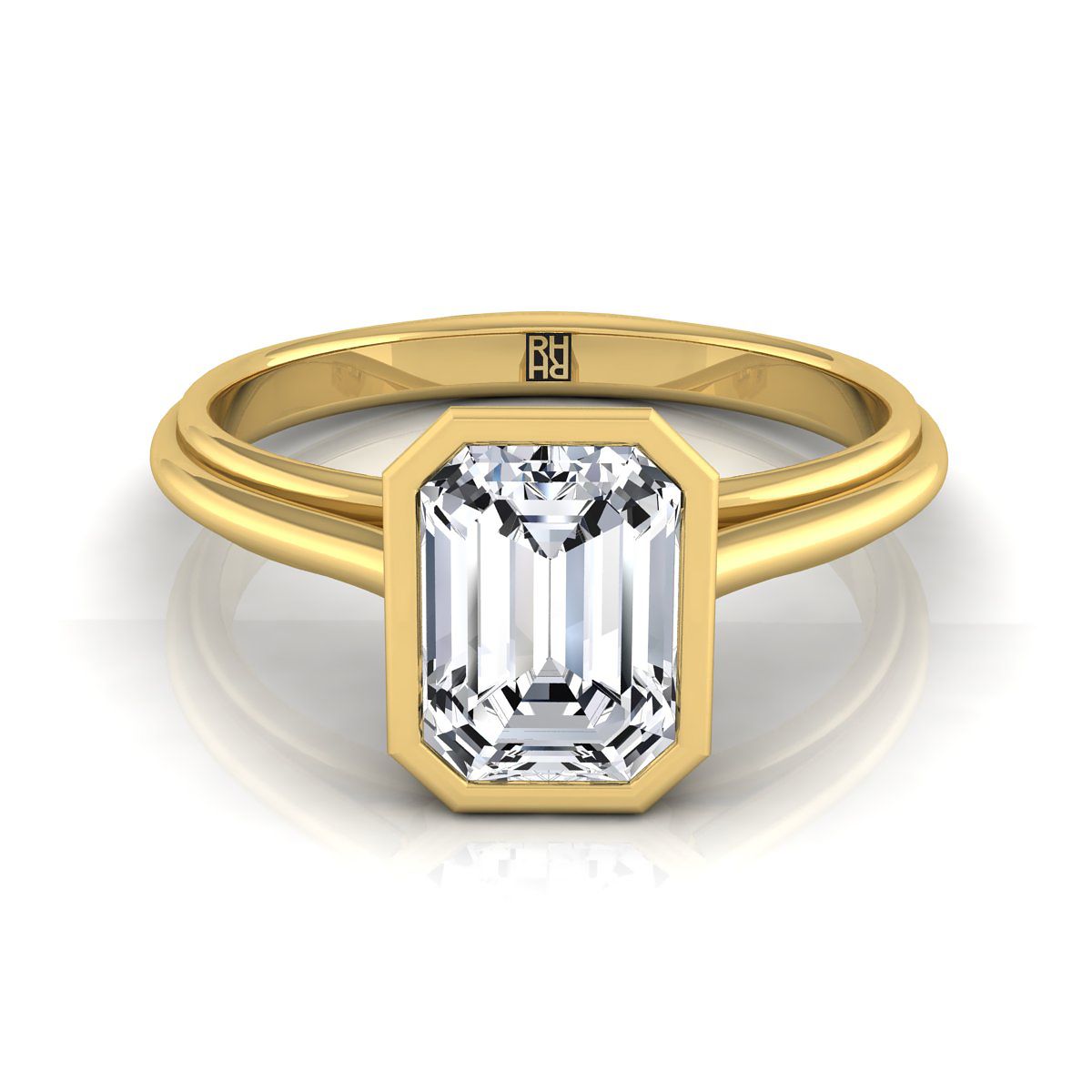 14K Yellow Gold Emerald Cut Bezel Halo Cathedral Solitaire Engagement RockHer