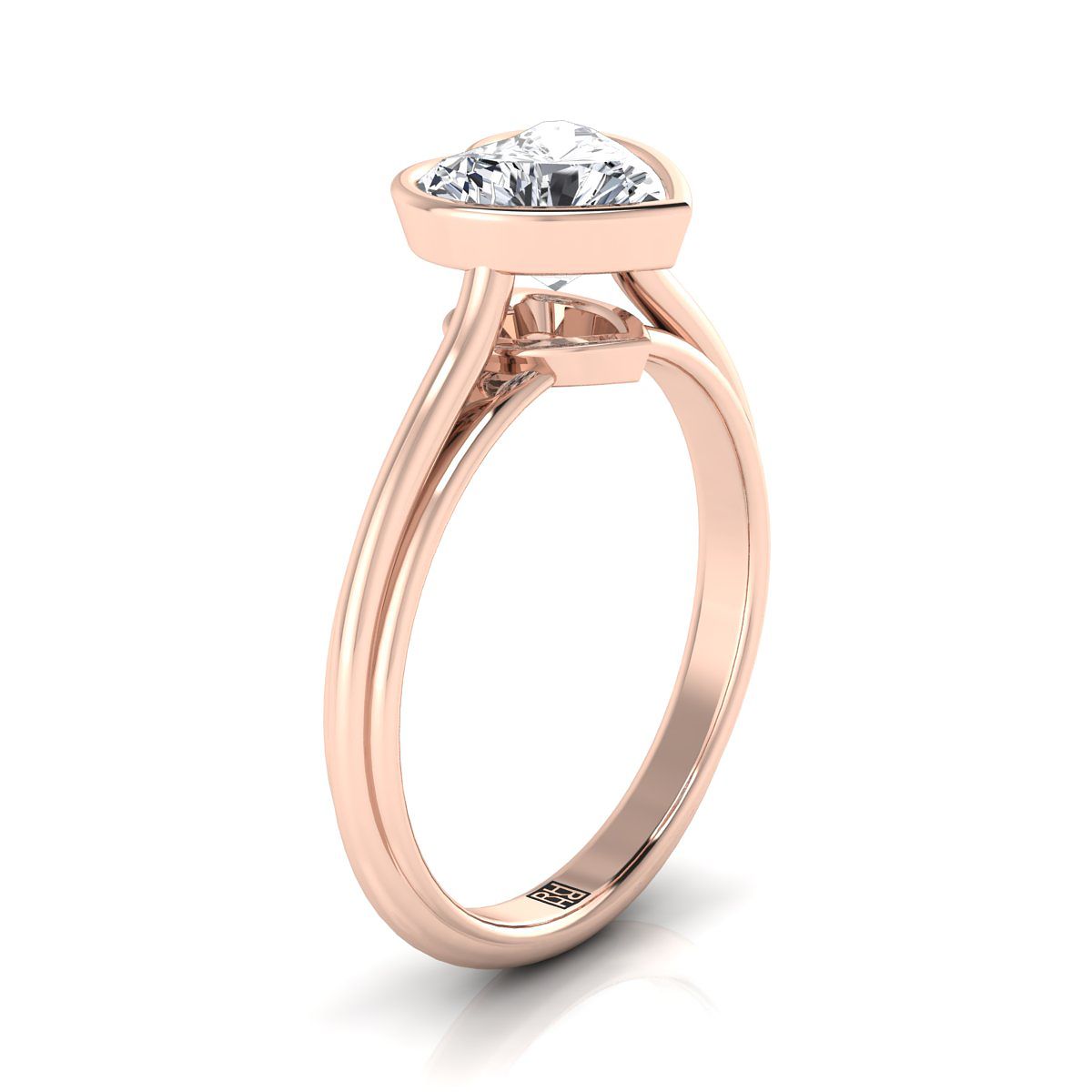 แหวนหมั้นเพชร 14K Rose Gold Heart Shape Center Bezel Halo Cathedral Solitaire