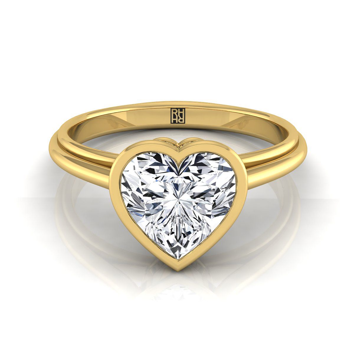 แหวนหมั้นเพชร 14K Yellow Gold Heart Shape Center Bezel Halo Cathedral Solitaire