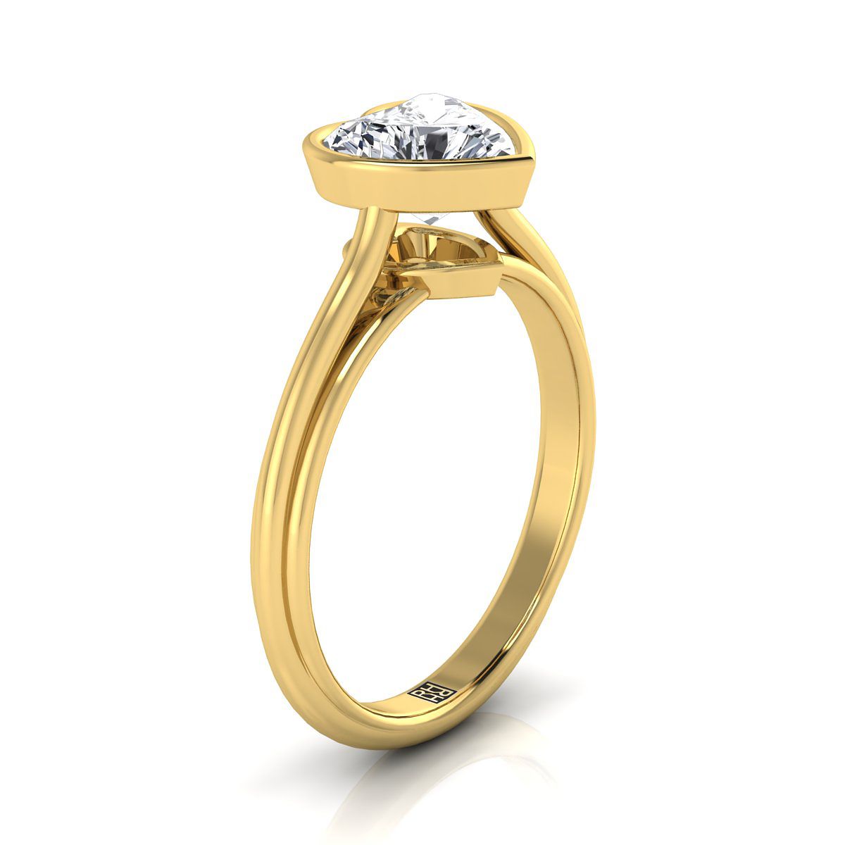 แหวนหมั้นเพชร 14K Yellow Gold Heart Shape Center Bezel Halo Cathedral Solitaire