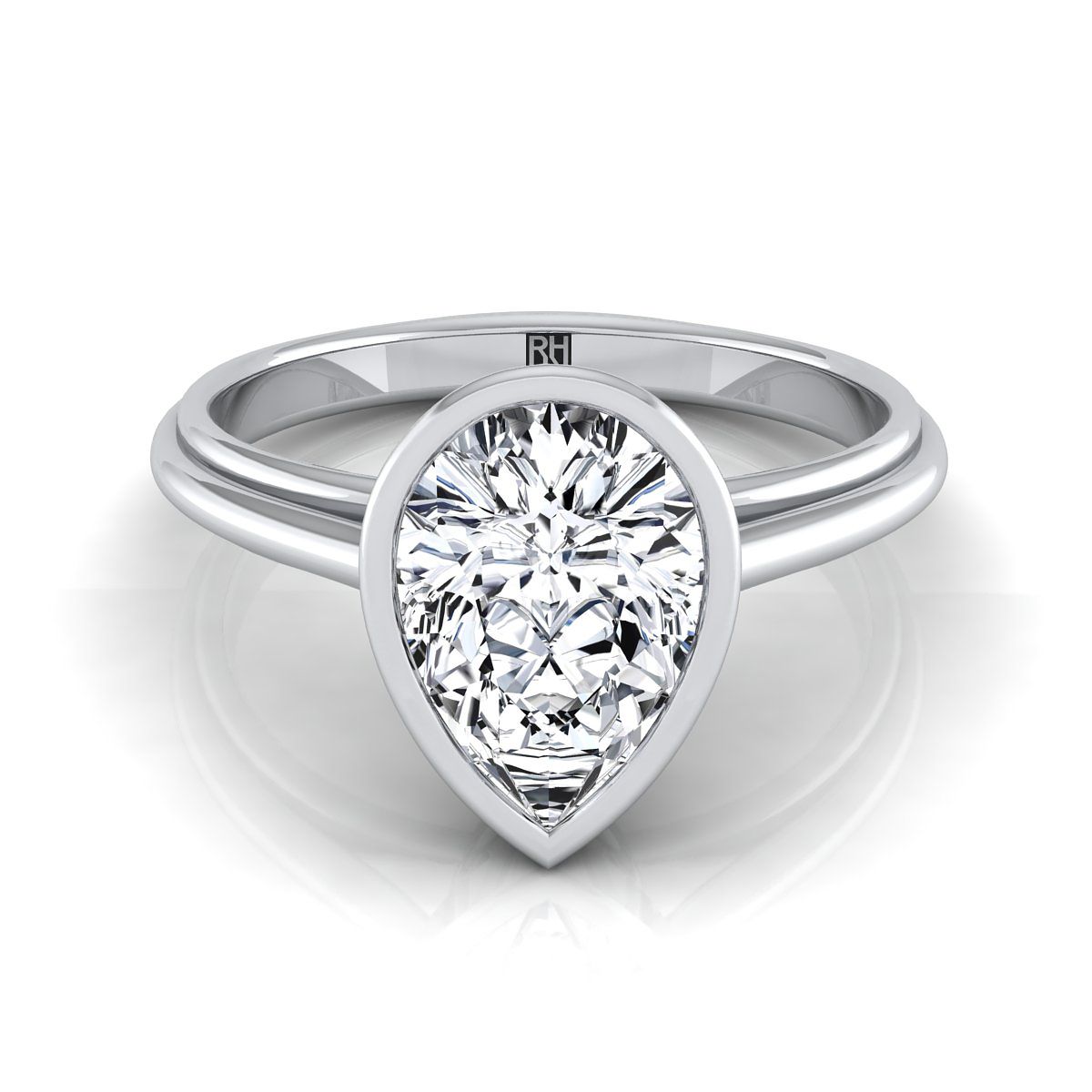 แหวนหมั้นเพชร 14K White Gold Pear Shape Center Bezel Halo Cathedral Solitaire