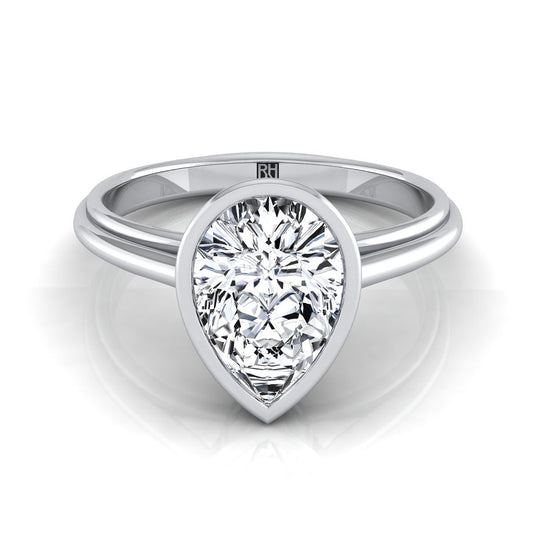 แหวนหมั้นเพชร 14K White Gold Pear Shape Center Bezel Halo Cathedral Solitaire