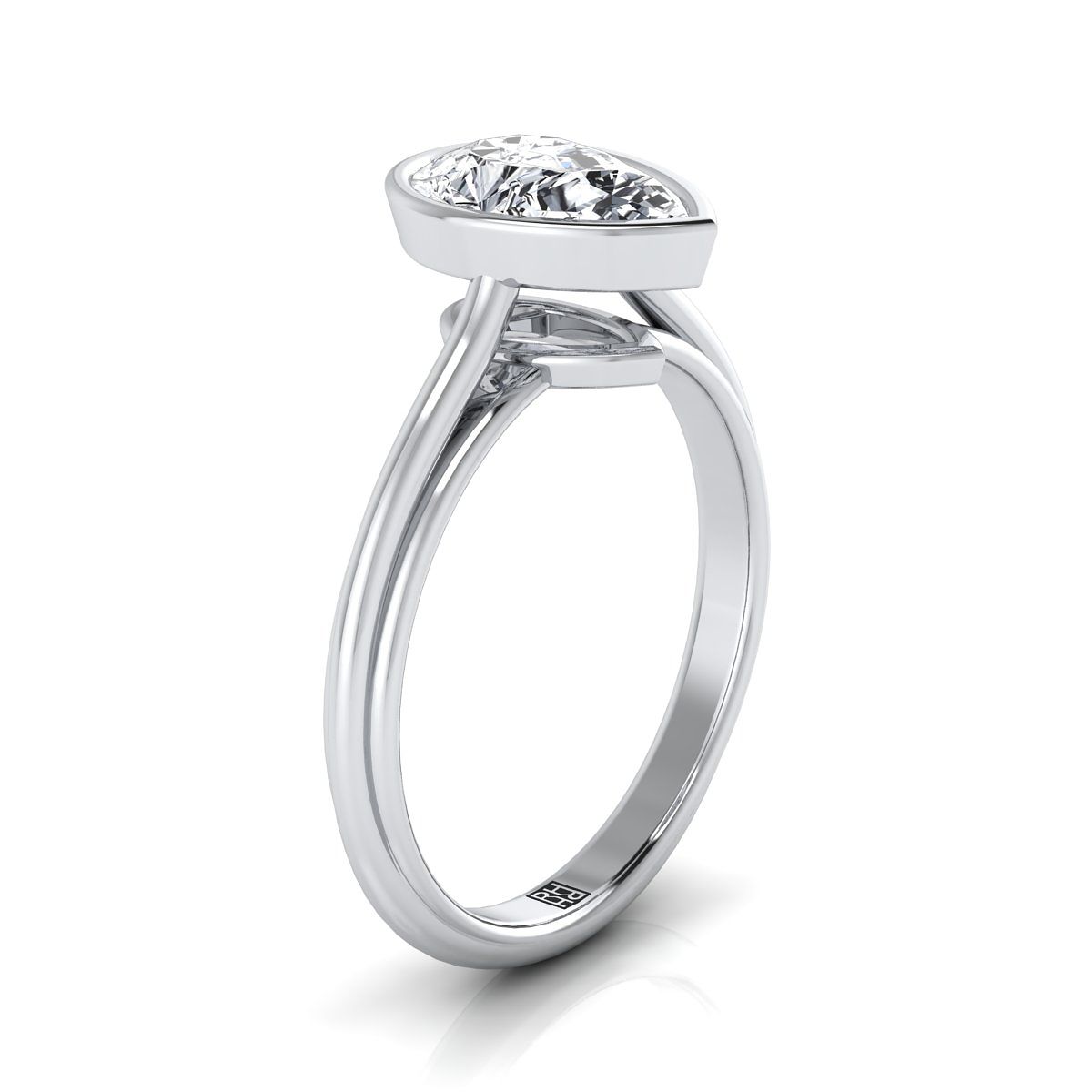 แหวนหมั้นเพชร 14K White Gold Pear Shape Center Bezel Halo Cathedral Solitaire