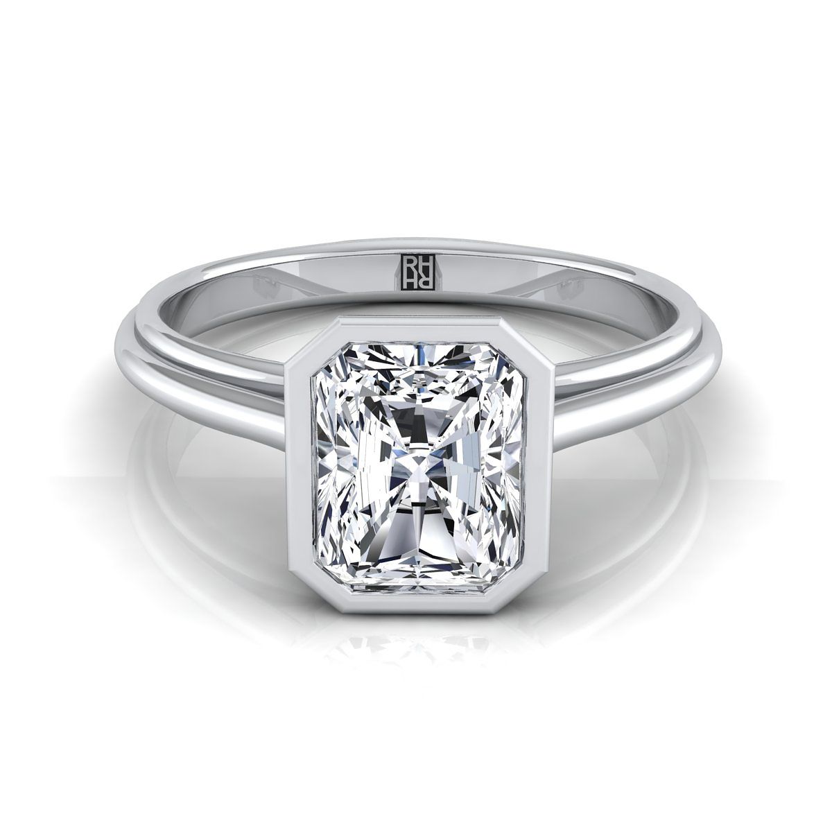 แหวนหมั้นเพชร 14K White Gold Radiant Cut Center Bezel Halo Cathedral Solitaire