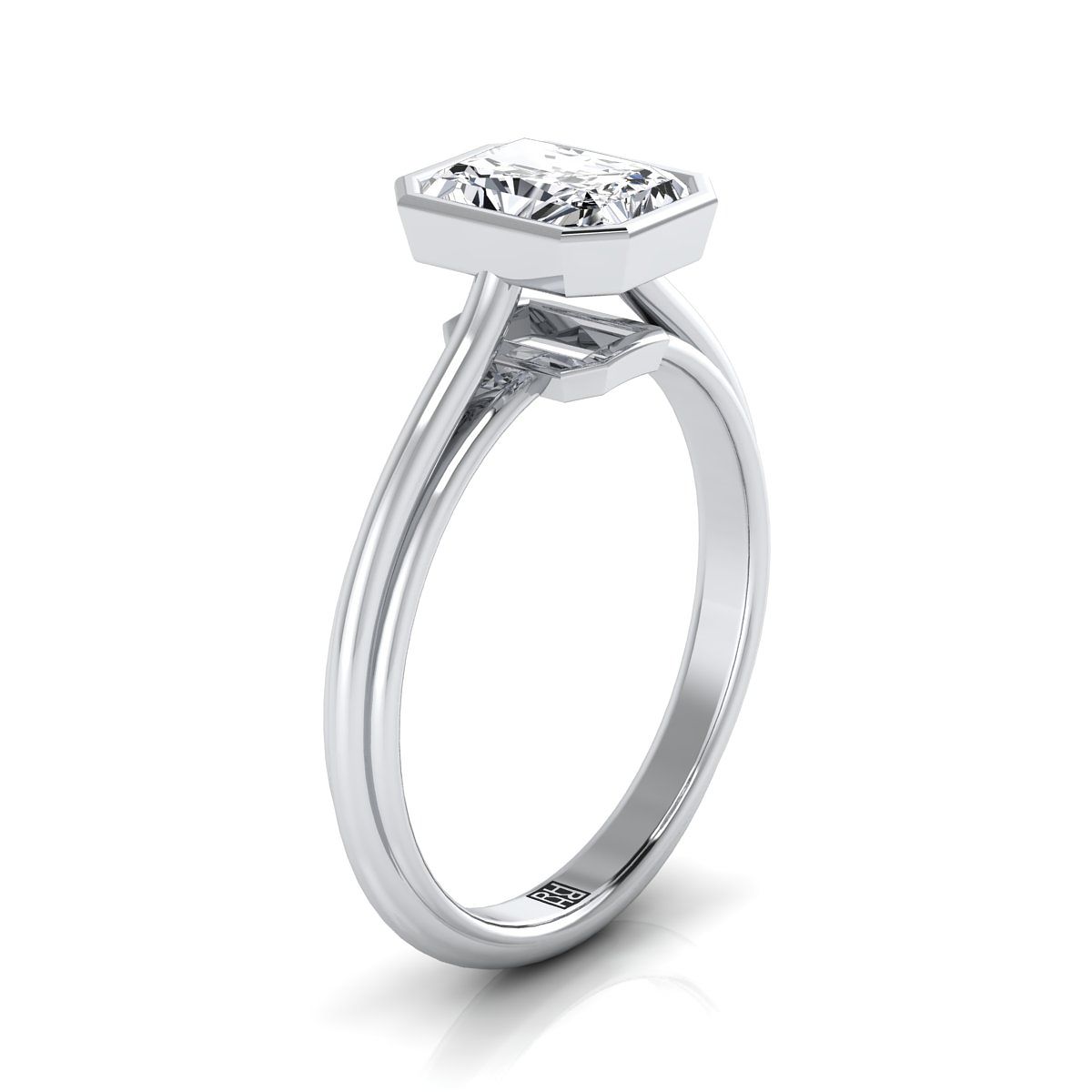 แหวนหมั้นเพชร 14K White Gold Radiant Cut Center Bezel Halo Cathedral Solitaire