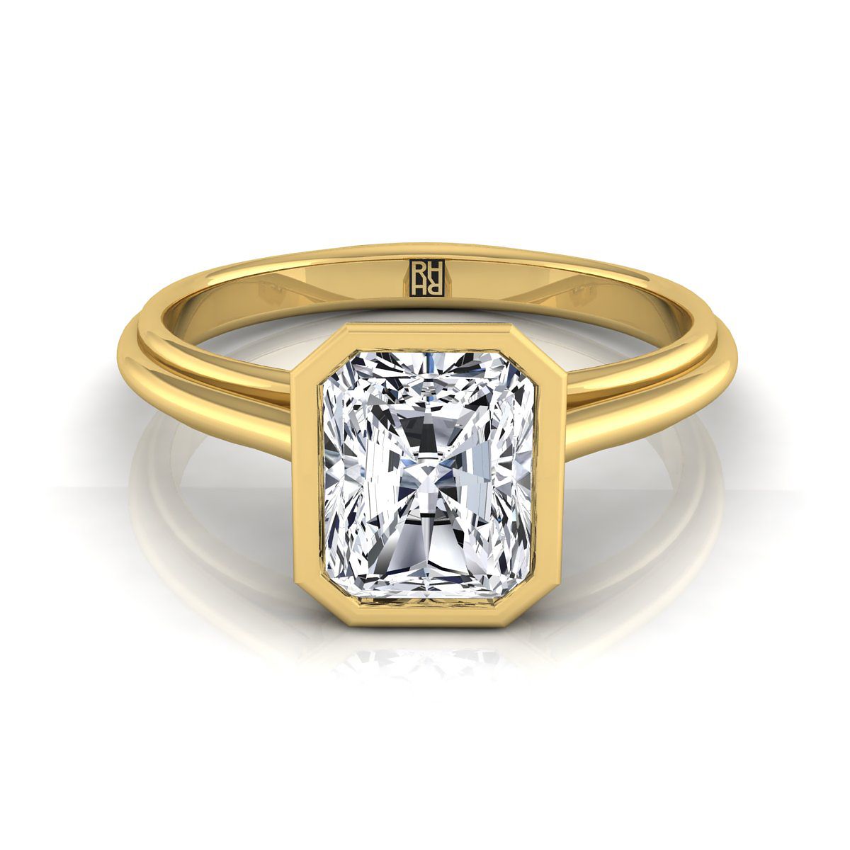 แหวนหมั้นเพชร 14K Yellow Gold Radiant Cut Center Bezel Halo Cathedral Solitaire