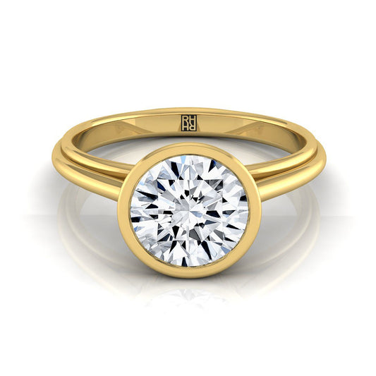 18K Yellow Gold Round Brilliant  Bezel Halo Cathedral Solitaire Engagement Ring