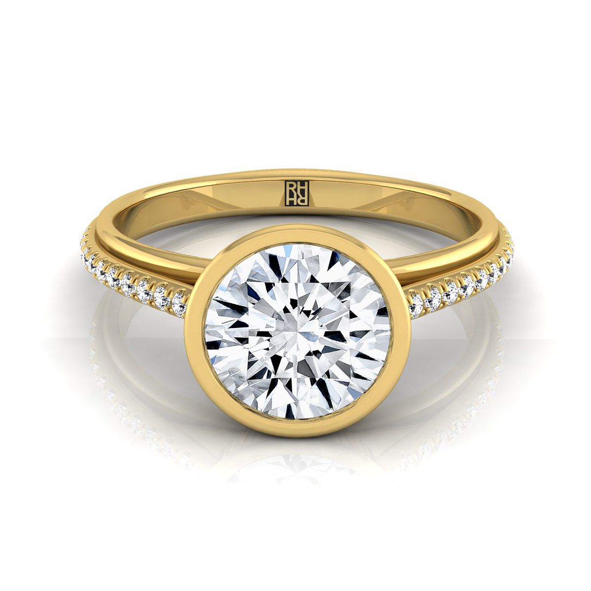 18K Yellow Gold Round Brilliant Diamond Linear Modern Bezel Engagement Ring -1/10ctw