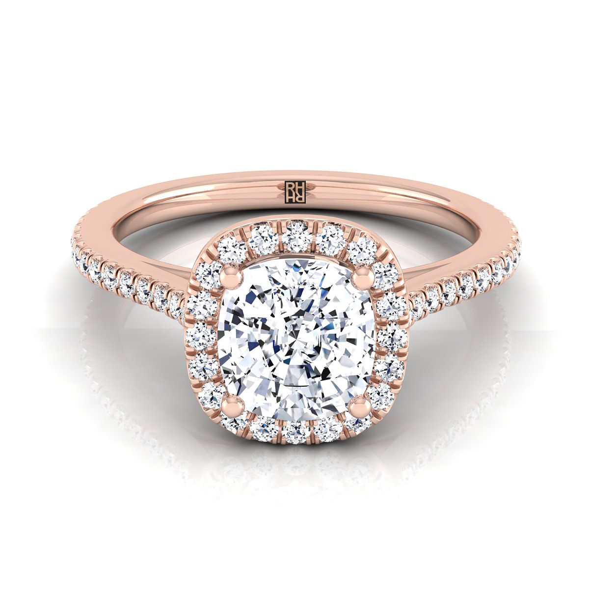 14K Rose Gold Cushion Classic French Pave Halo และ Linear Engagement Ring -1/4ctw