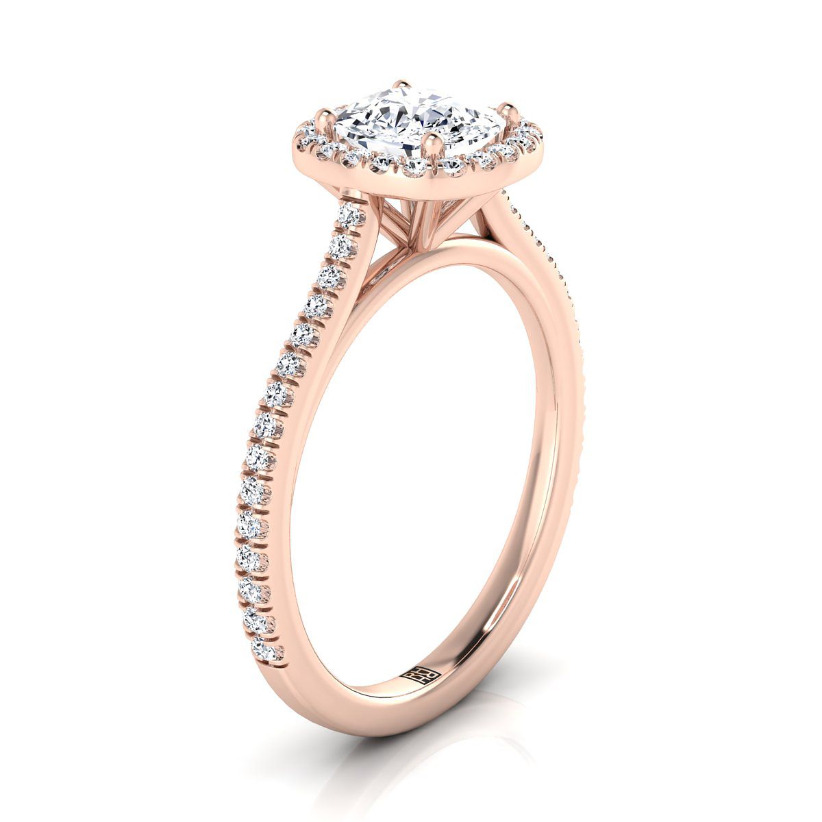 14K Rose Gold Cushion Classic French Pave Halo และ Linear Engagement Ring -1/4ctw