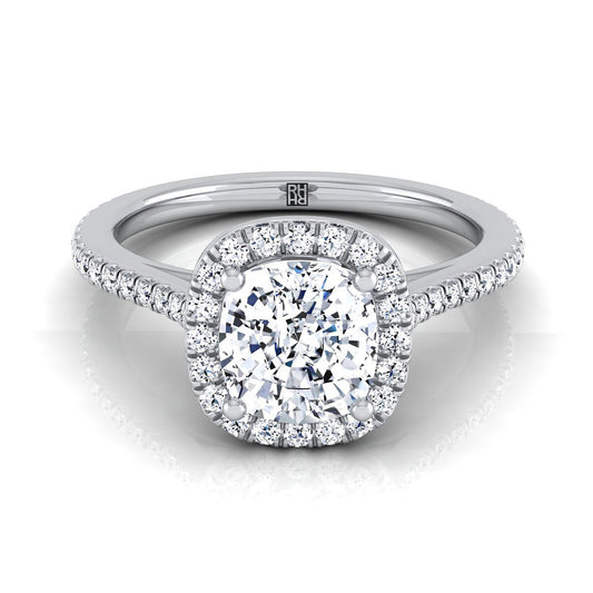 Platinum Cushion Classic French Pave Halo and Linear Engagement Ring -1/4ctw