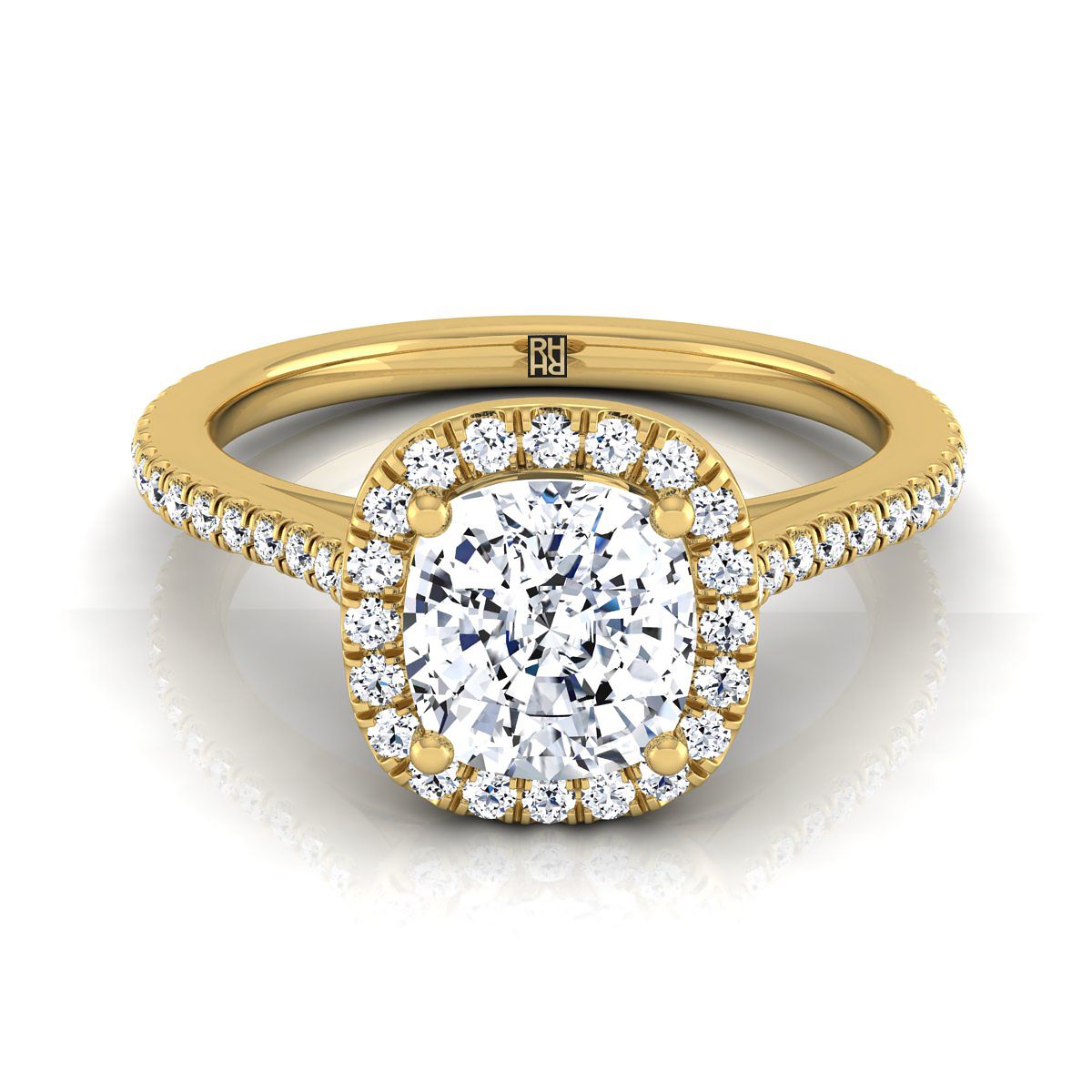 14K Yellow Gold Cushion Classic French Pave Halo และ Linear Engagement Ring -1/4ctw