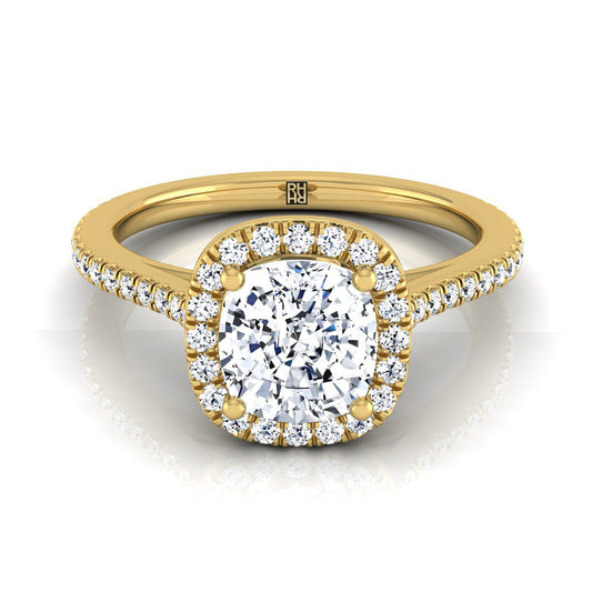 14K Yellow Gold Cushion Classic French Pave Halo และ Linear Engagement Ring -1/4ctw