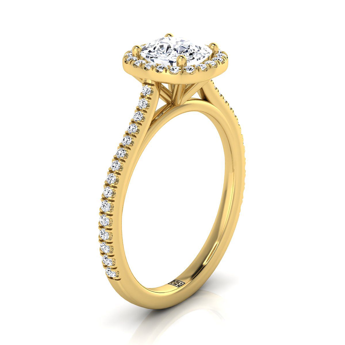 14K Yellow Gold Cushion Classic French Pave Halo และ Linear Engagement Ring -1/4ctw