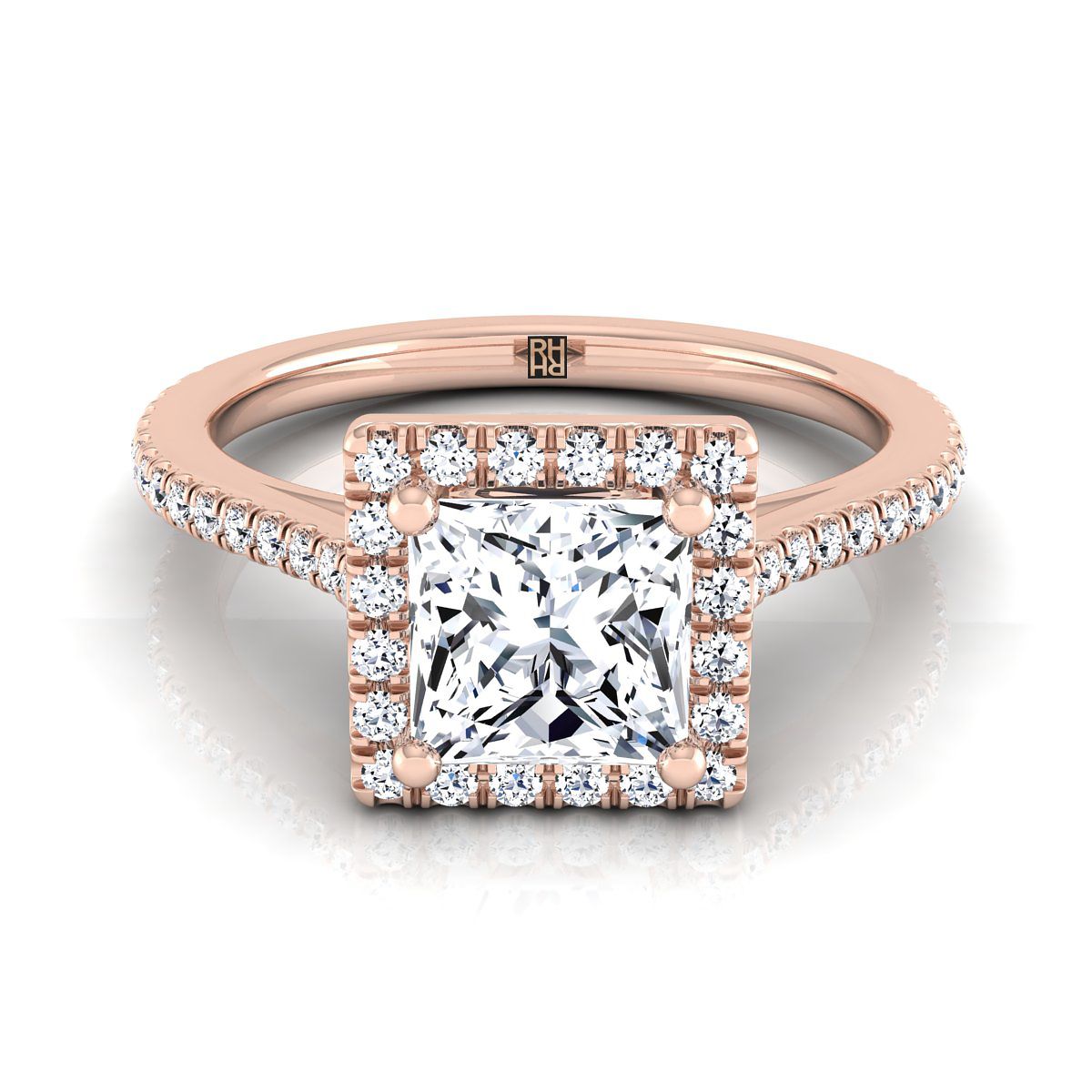 14K Rose Gold Princess Cut Classic French Pave Halo และ Linear Engagement Ring -1/4ctw