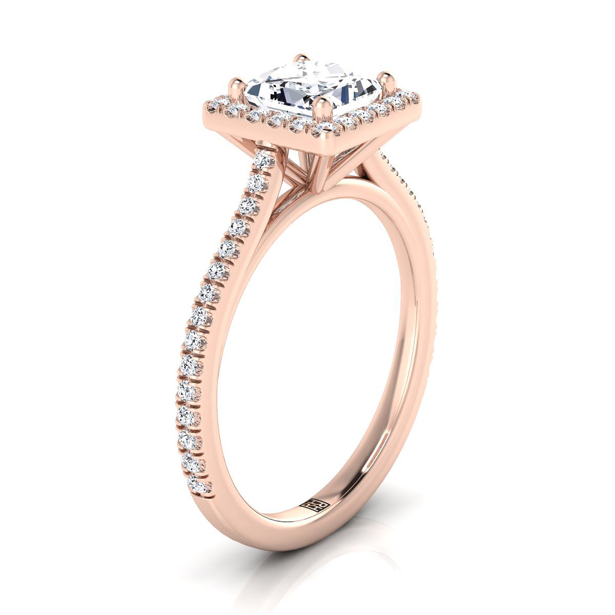 14K Rose Gold Princess Cut Classic French Pave Halo และ Linear Engagement Ring -1/4ctw