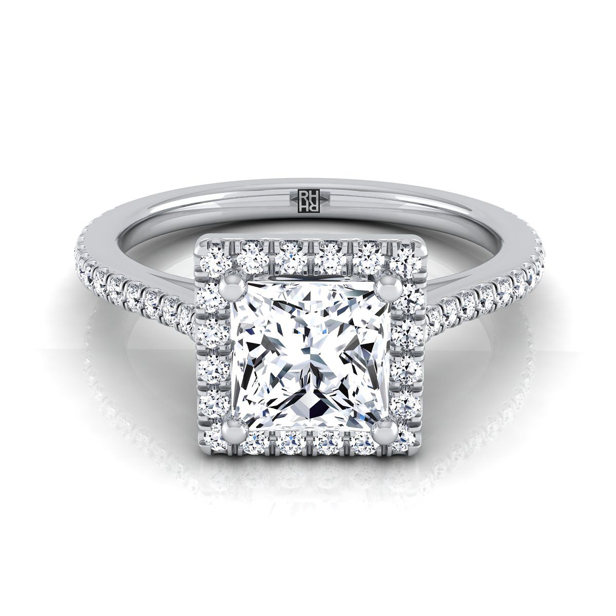 แหวนหมั้นทองขาว 14K Princess Cut Classic French Pave Halo และแหวนหมั้นเชิงเส้น -1/4ctw