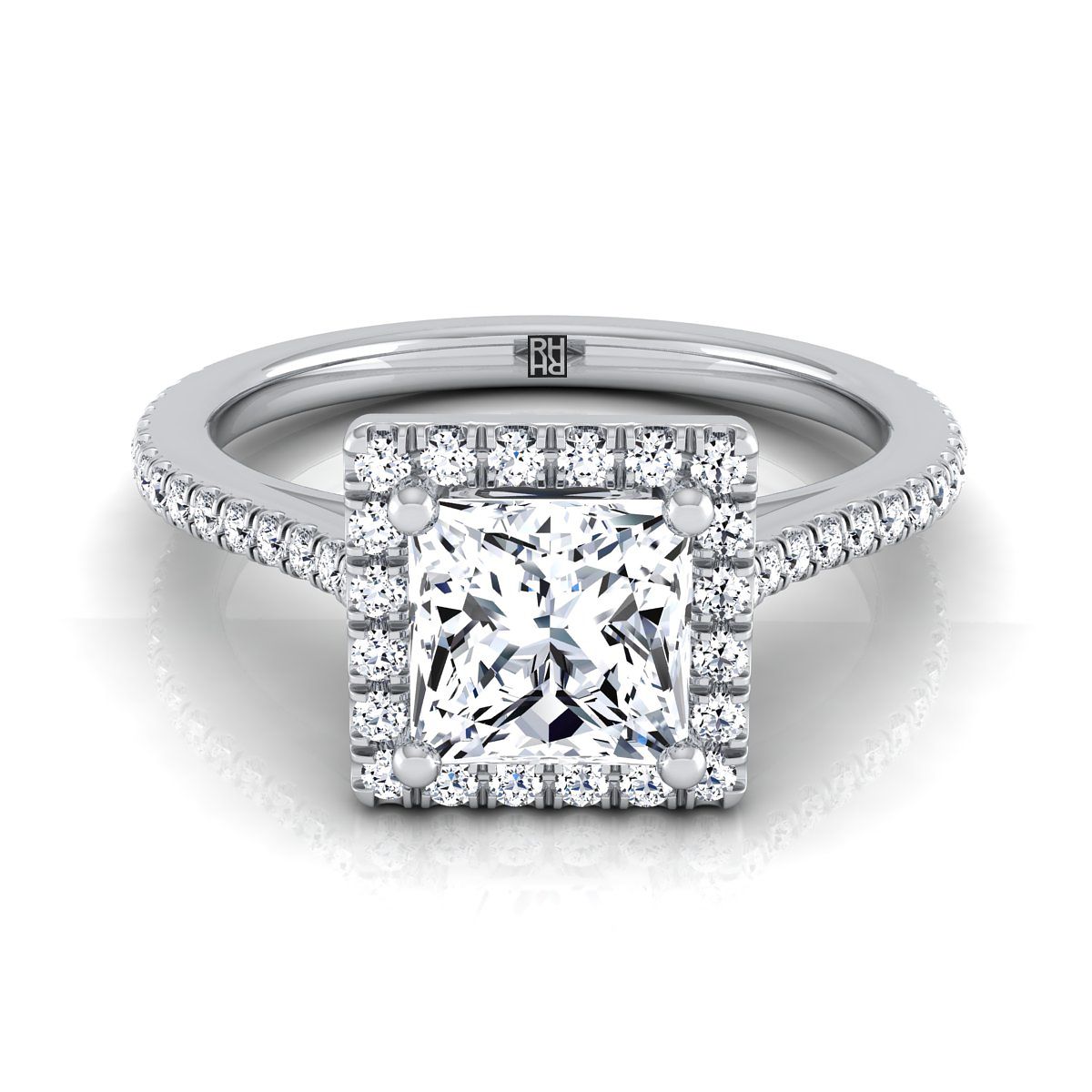 Platinum Princess Cut Classic French Pave Halo and Linear Engagement Ring -1/4ctw