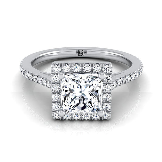 Platinum Princess Cut Classic French Pave Halo and Linear Engagement Ring -1/4ctw