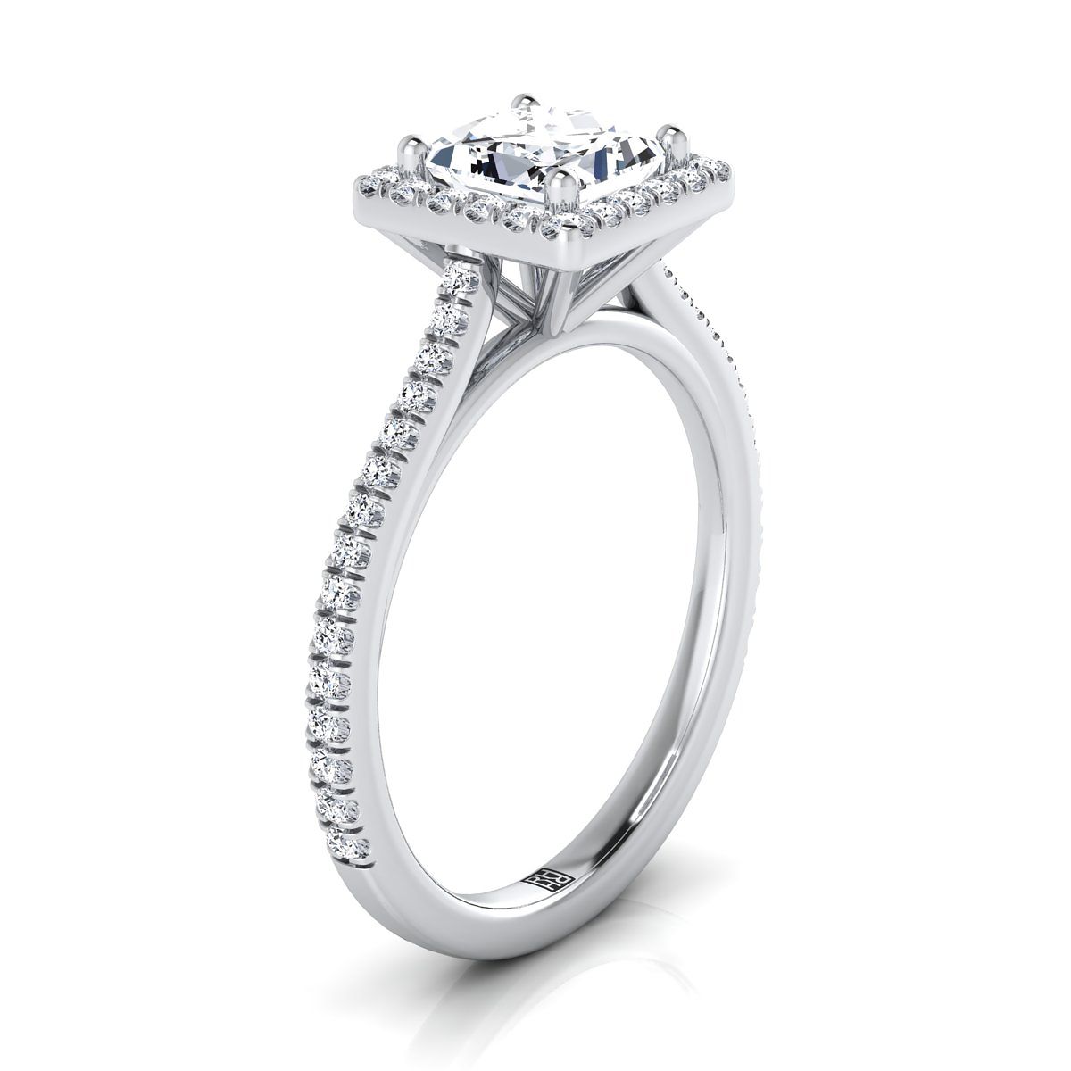 Platinum Princess Cut Classic French Pave Halo and Linear Engagement Ring -1/4ctw