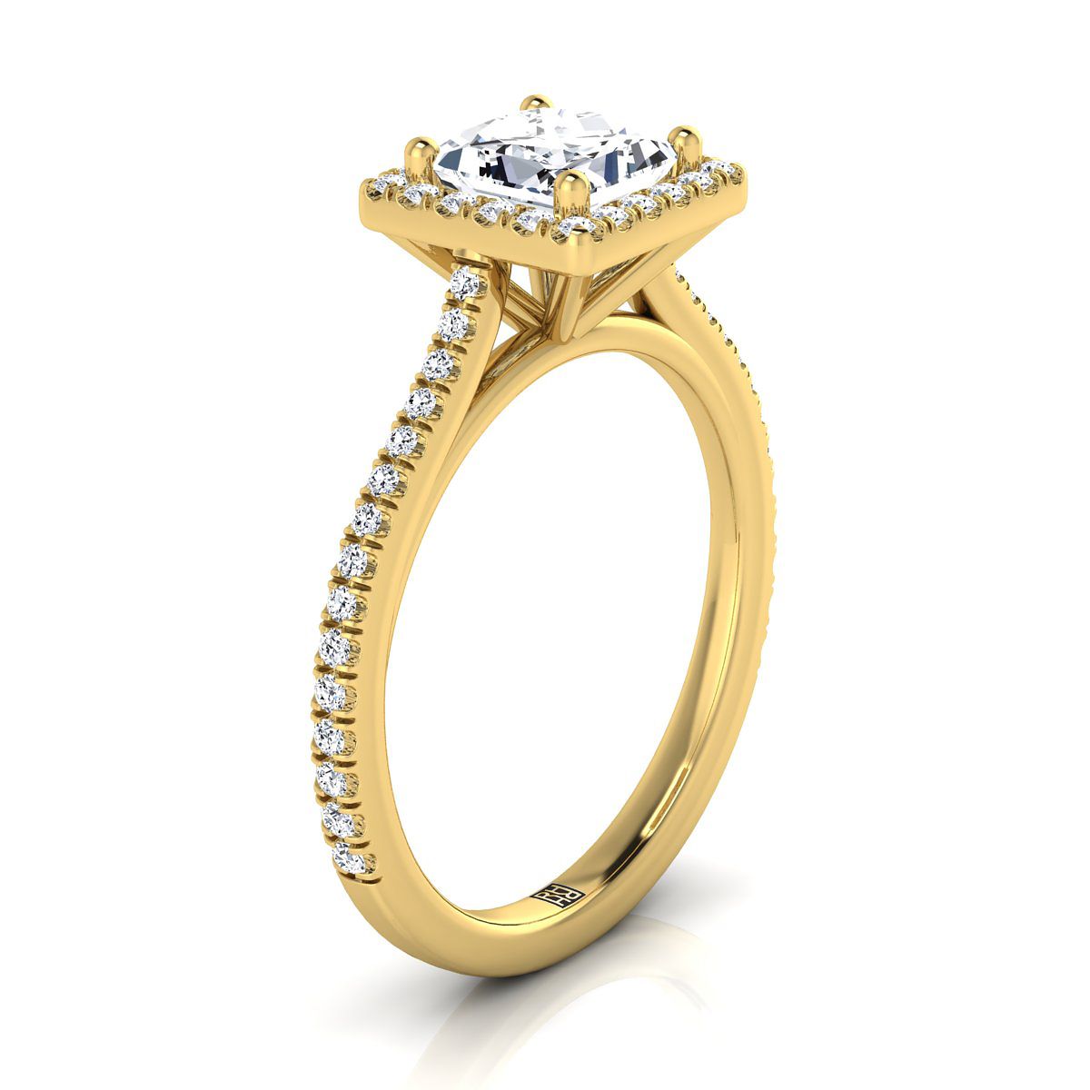 18K Yellow Gold Princess Cut Classic French Pave Halo and Linear Engagement Ring -1/4ctw