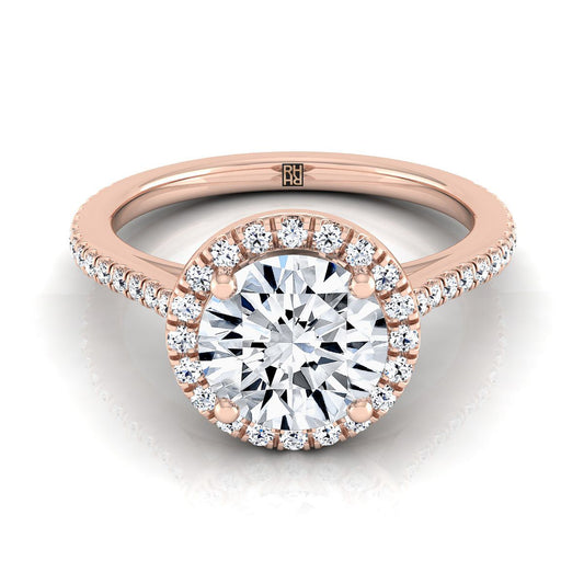 14K Rose Gold Round Brilliant Classic French Pave Halo และ Linear Engagement Ring -1/4ctw